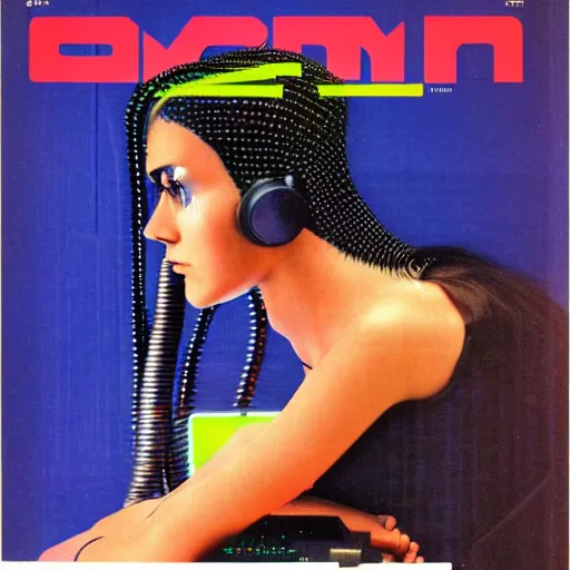 Image similar to cable plugged in, back of head, cyberpunk woman, computer, 1 9 7 9 omni magazine cover