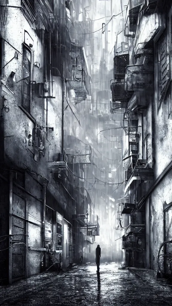 Prompt: an eerie scene of an empty alleyway in a futuristic alien city at night, light rain, small puddles, high quality ray-traced reflections, volumetric lighting, unreal engine 5, liminal space, haunting chilling atmosphere, photorealistic, cyberpunk, hyperdetailed 3d matte painting, hyperrealism, hyperrealistic, cinematic masterpiece, horror style 8k ultrahd octane render