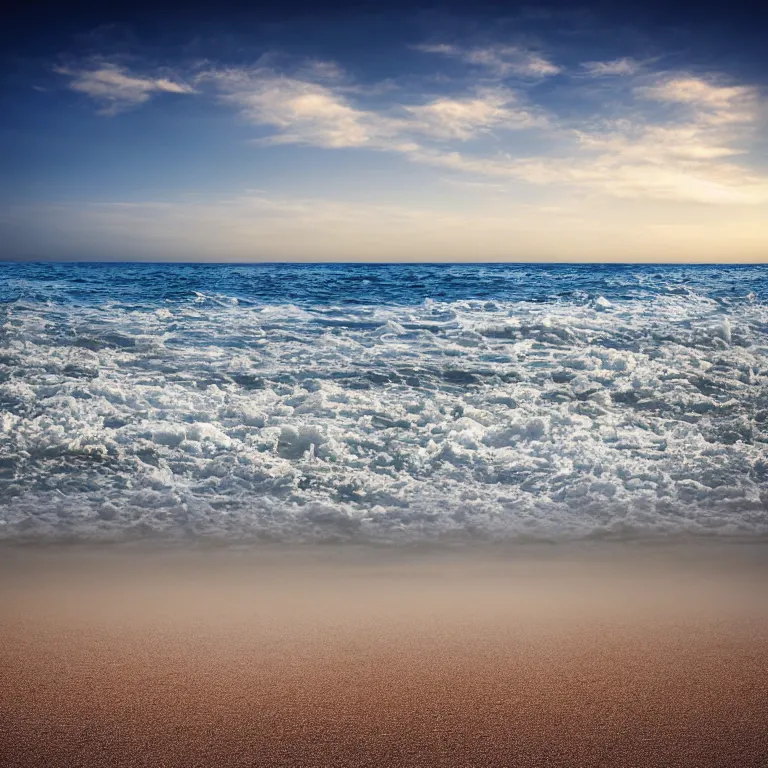 Prompt: surreal hyperrealistic photograph of a beach, shot toward the ocean