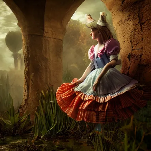 Image similar to full body pose, hyperrealistic photograph of alice in wonderland, dim volumetric lighting, 8 k, octane beautifully detailed render, extremely hyper detailed, intricate, epic composition, cinematic lighting, masterpiece, trending on artstation, very very detailed, stunning, hdr, smooth, sharp focus, high resolution, award, winning photo, dslr, 5 0 mm