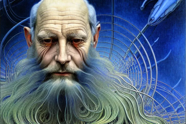 Prompt: realistic extremely detailed portrait closeup painting of an old man, futuristic sci-fi landscape on background by Jean Delville, Amano, Yves Tanguy, Alphonse Mucha, Ernst Haeckel, Edward Robert Hughes, Roger Dean, rich moody colours, silver hair and beard, blue eyes