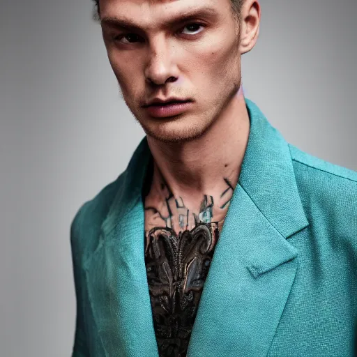 Image similar to an award - winning closeup editorial photo of a male model wearing a teal distressed baggy medieval linen menswear jacket by alexander mcqueen, 4 k, studio lighting, wide angle lens