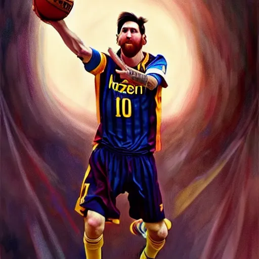 Image similar to Messi dunking a basketball in the NBA, D&D style, fantasy, intricate, elegant, highly detailed, digital painting, artstation, concept art, matte, sharp focus, illustration, art by Artgerm and Greg Rutkowski and Alphonse Mucha