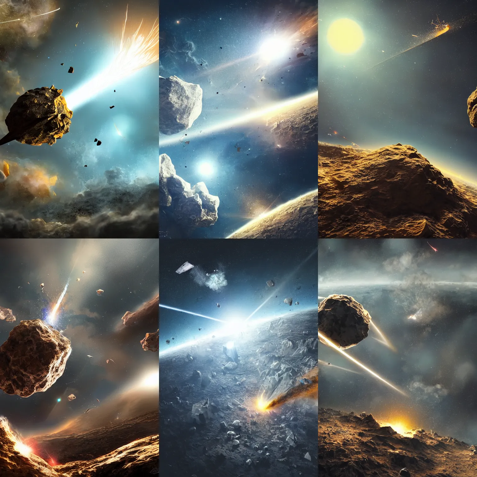 Prompt: a meteor crashes into earth, fragments fly out into space, outerspace view, trending on art station, dynamic lighting, stark contrasts, detailed and intricate environment