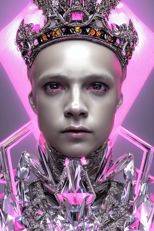 Image similar to hyper detailed ultra sharp portrait of baroque and bladerunner delicate glowing diamond sculpture of seductive muscular albino young king jose garcia, pink diamond black metallic sphinx iridescent humanoid deity wearing black cloak holding a prismatic gem, glowing pink face, crown of white diamonds, cinematic lighting, photorealistic, octane render 8 k depth of field 3 d