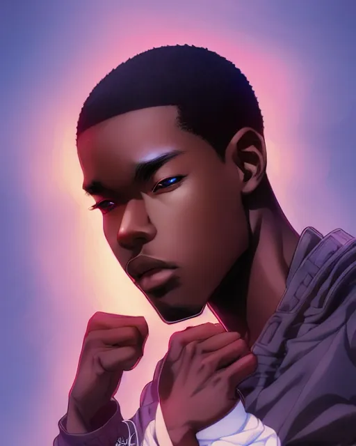 Image similar to handsome hip hop young black man, model pose, confident, anime style, scenery wallpaper aesthetic, pastel colors, symmetrical face, cinematic, dramatic, super detailed and intricate, hyper realistic, 4 k render, by artgerm, by kyoung hwan kim, by ralph mcquarrie, by yoshiyuki tomino