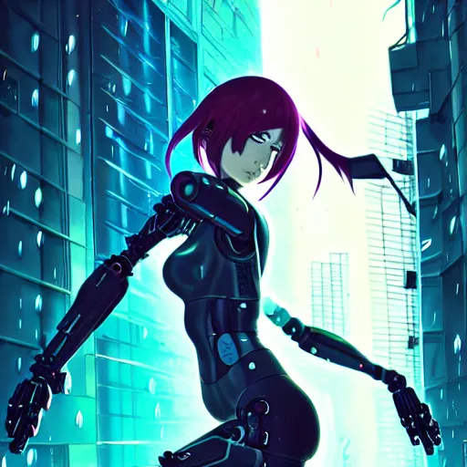 Image similar to cyberpunk anime art, beautiful cyborg girl in the style of arcane holding excalibur, full round face, biomechanical details, full body shot, rain, wet street, window reflections, lens flare, wlop, ilya kuvshinov, artgerm, krenz cushart, greg rutkowski