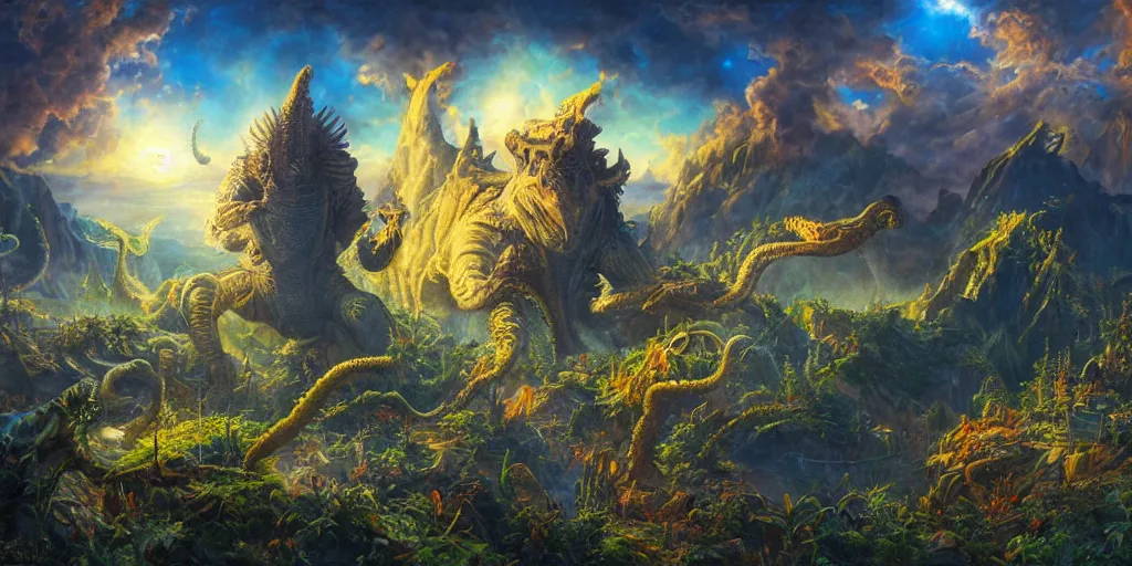 Image similar to fantasy oil painting, great leviathan, cybernetic turtle cephalopod terrapin reptilian pachyderm squid, hybrid, anubis, epic, natural light, lush plants flowers, spectacular mountains, bright clouds, ufo, luminous sky, outer worlds, golden daple lite, craig mullins, michael cheval