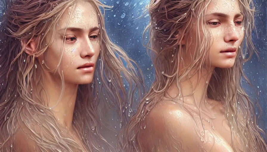 Image similar to an beautiful goddess with wet blonde hair and sweaty skin, wet hair, flowing hair, beautiful face, perfectly-centered-Portrait of a most beautiful woman it the world, intricate, highly detailed, digital painting, artstation, concept art, smooth, sharp focus, illustration, Unreal Engine 5, 8K, art by artgerm and greg rutkowski and alphonse mucha