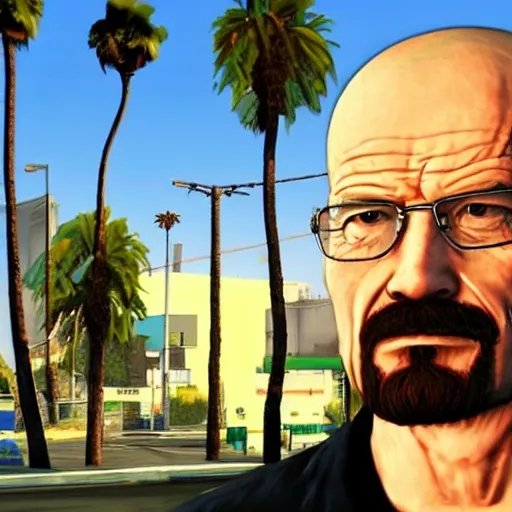 Image similar to Walter White in GTA V. Los Santos in the background, palm trees. In the art style of Stephen Bliss