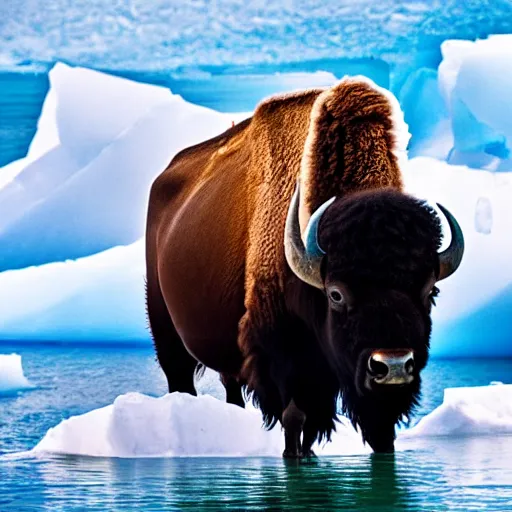 Image similar to photo of a bison on an iceberg in the ocean with peppermint candy sticking out of the sides of the iceberg, 5 0 mm, beautiful photo