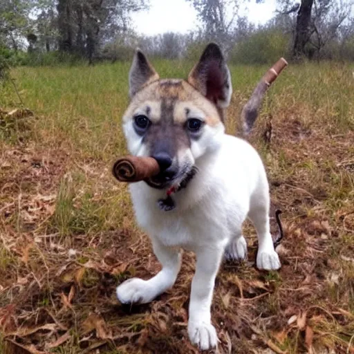 Image similar to trail cam footage of a anthropomorphic puppy smoking a cigar