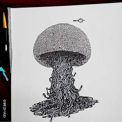 Image similar to black and white ink doodle illustration of an ancient tree floating in outer space, overgrown with funghi, style by peter deligdisch, peterdraws