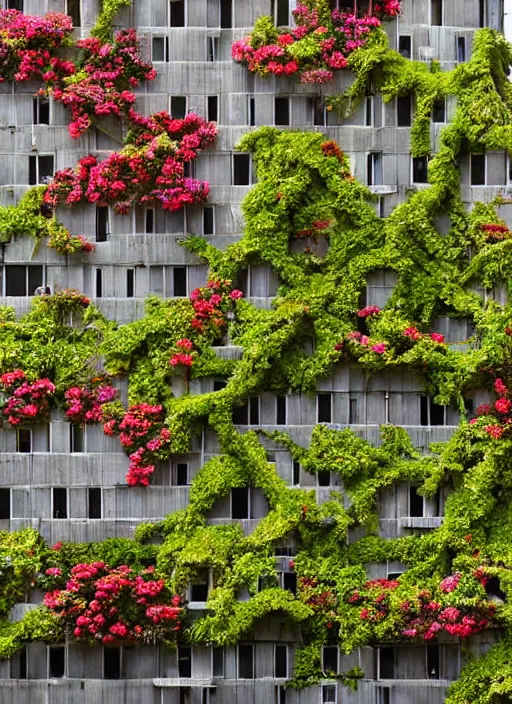 Image similar to brutalist buildings covered in colorful vines and flowers by Denys Lasdun