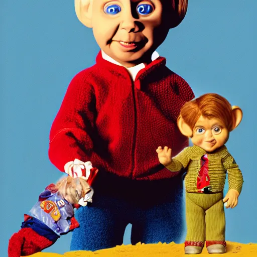 Image similar to photorealistic Mr. Rogers holding the Chucky doll from the movie Child's Play