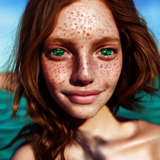 Prompt: portrait of a cute thin young woman, bronze brown hair, emerald green eye color, red blush, cute freckles, smug smile, modern clothes, relaxing on the beach, golden hour, close up shot, 8 k, art by irakli nadar, hyperrealism, hyperdetailed, ultra realistic