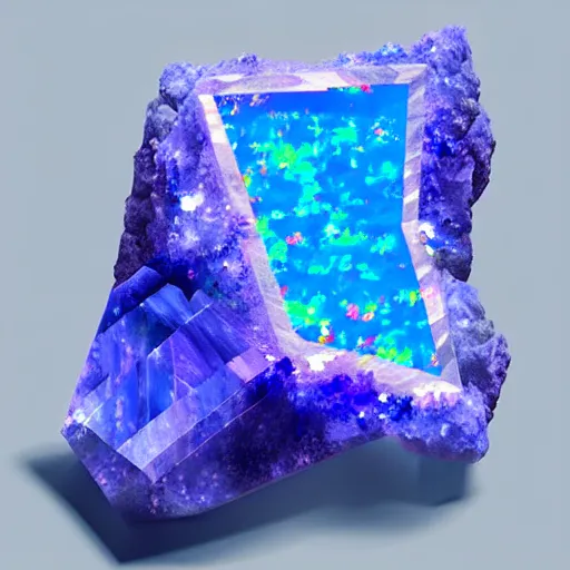 Image similar to a rare mineral rock, in a dark studio room, vaporwave theme. Tanzanite, Opal, Kunzite. in the style of artgerm.