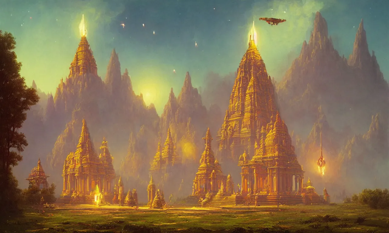 Prompt: A beautiful Hindu temple by Simon Stålenhag and Albert Bierstadt, oil on canvas, with a firefly class spaceship flying above the temples