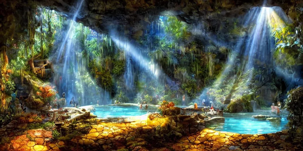 Image similar to detailed interior of cozy hotsprings hidden inside a cave, small waterfalls, lush vegetation, flowers, towels, plates of fruit, god rays, light shafts, stunning atmosphere, by gerald brom, cinematic lighting