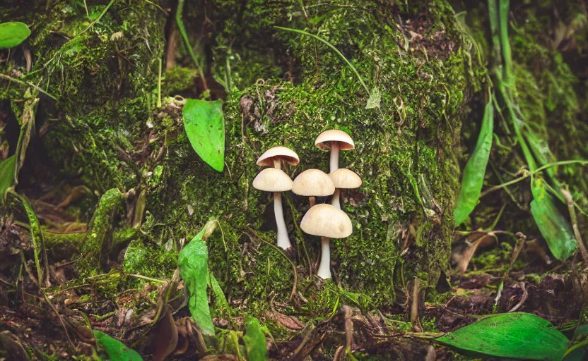 Image similar to a photography of a creepy mushroom family in a rainforest, intricate detail, photorealistic, 2 4 mm mirrorless