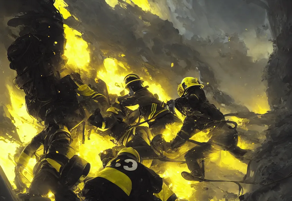 Image similar to heroic firefighter in action in black and yellow uniform, sharp details, sharp focus, dynamic, highly detailed, illustration, by jordan grimmer and greg rutkowski and pine ( ハイネ ) and 薯 子 imoko and 香 川 悠 作 and wlop and maya takamura, intricate