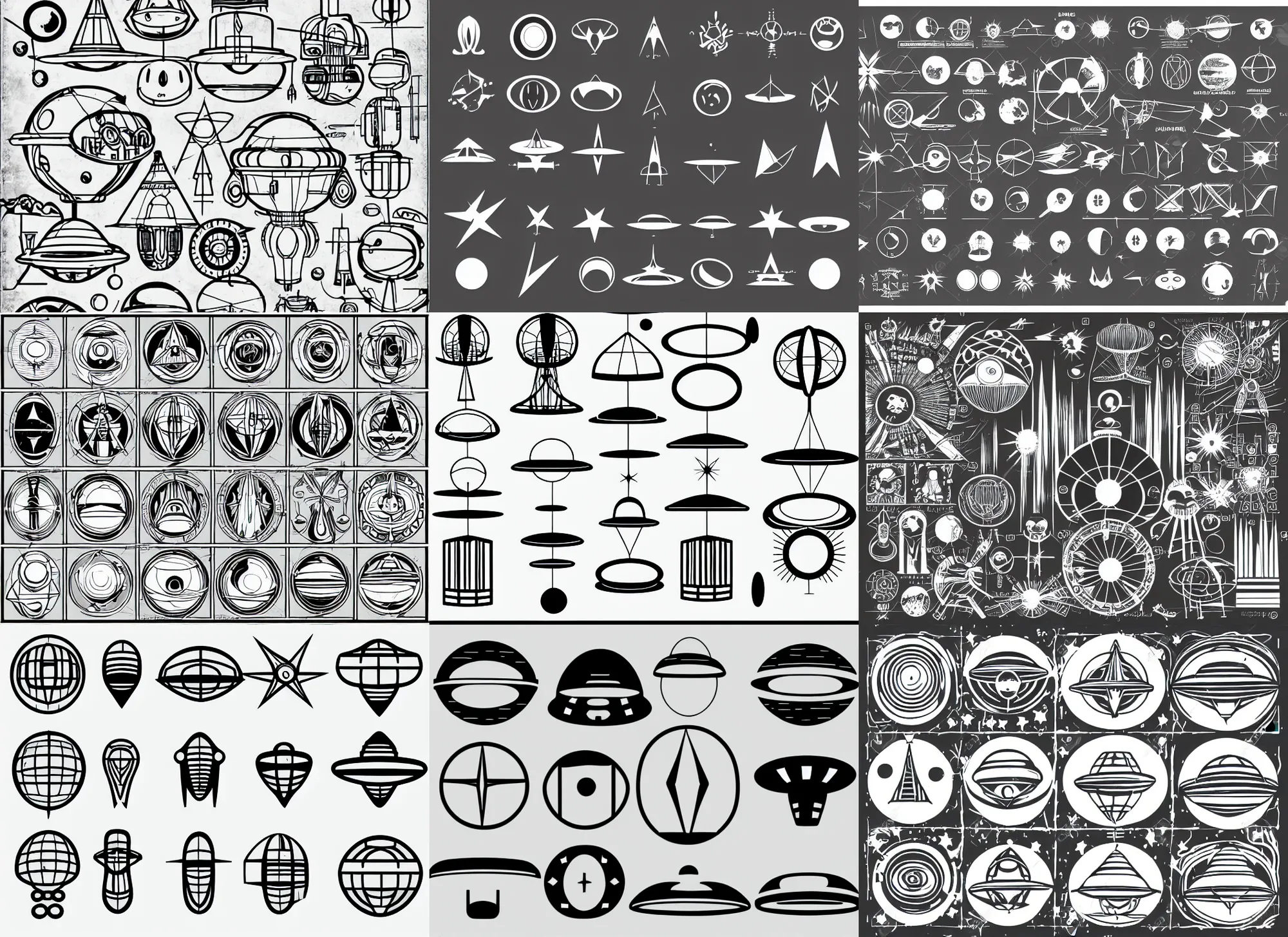 Prompt: spiritual ufo diagram clean shapes by bauhaus sprite sheet, b & w, vector