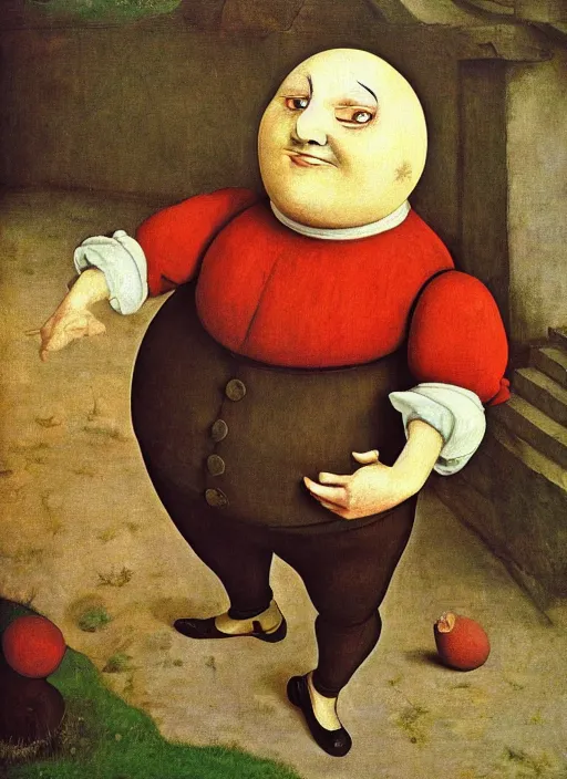 Prompt: full body detailed painting of silly round humpty dumpty with jack black facial expression, realistic, pieter brueghel