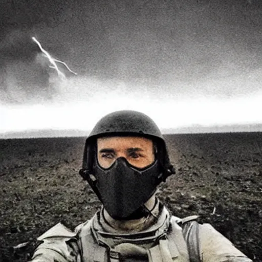 Image similar to an eerie selfie taken in no mans land during ww3 with an explosion far in the background