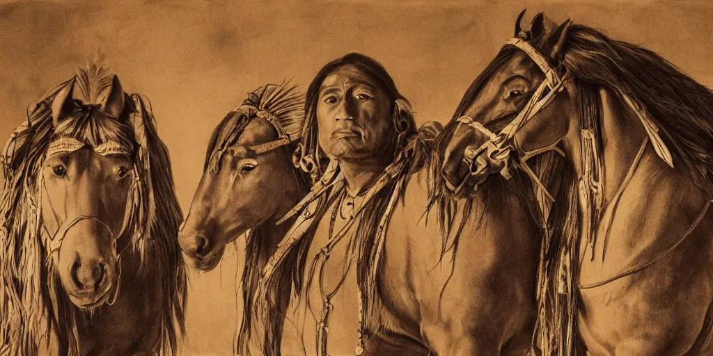 Image similar to realistic portrait of native americans with horses, golden, 1 4 5 0, ink, ultra realistic, 8 k