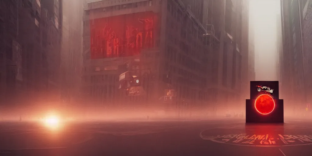 Prompt: cinematic, Disney logo made of animal flesh bleeding in front of a foggy sun behind megastructures inspired Wall Street by Alexandros Pyromallis, depth of field, misty, hyper realistic, digital painting, 8k, 35mm film grain, octane render