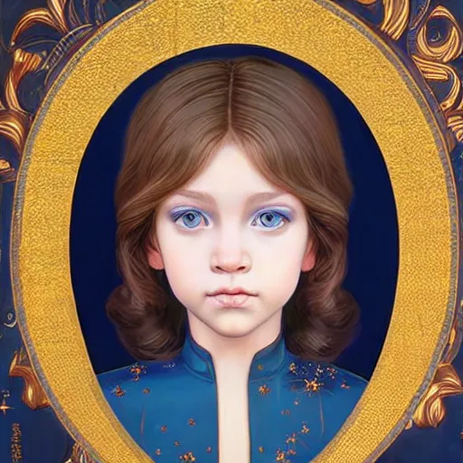 Image similar to a little girl with short wavy curly light brown hair and blue eyes, a space empress in byzantine style. beautiful highly detailed face, painting by ilya kuvshinov