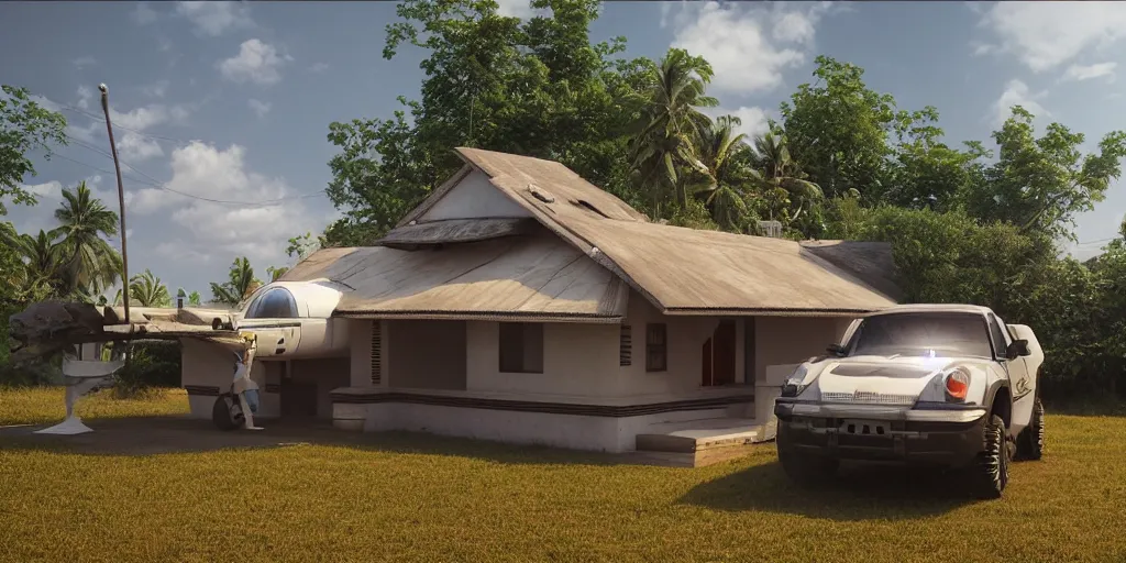 Prompt: a spaceship parked infront of a house in a kerala village, diffuse light, octane render, 4k, matte painting, cinematic