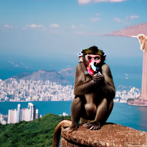 Image similar to high quality portrait of a monkey in front of Christ The Redeemer, studio photograph, photograph, realistic photo, 8k photo, 4k photo, stock photo, high resolution, cinematic shot, high detail