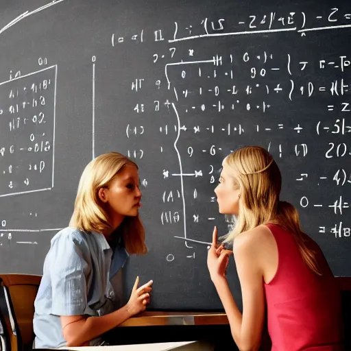 Prompt: Two blonde mathematics teachers together in a university class near a blackboard, fashion photography by Annie Leibovitz, hyperrealistic, highly detailed, depth of field, High definition, 8k, octane render, artstation