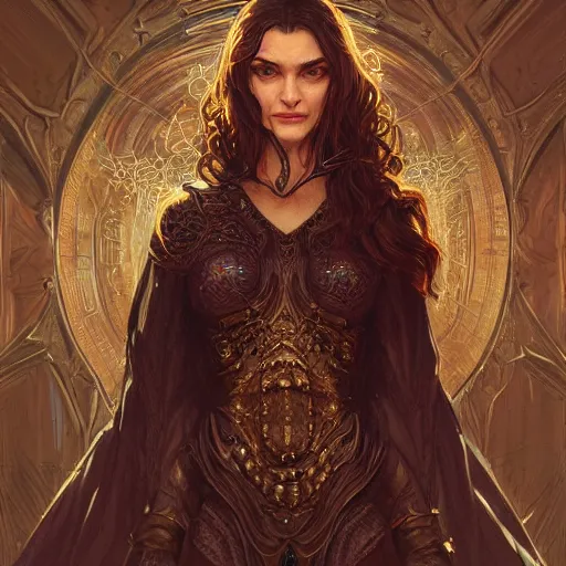 Image similar to a portrait of rachel weisz as a sorceress, urban motifs, intricate, elegant, highly detailed, digital painting, trending on artstation, concept art, smooth sharp focus, illustration, art by artgerm and greg rutkowski