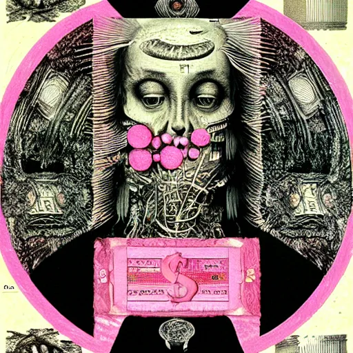 Image similar to post - punk new age album cover, asymmetrical design, frame of a dollar bank notes, capitalism, magic, apocalypse, psychedelic, black white pink, magic, giger h. r., giuseppe arcimboldo