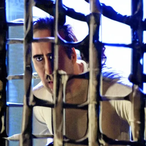 Image similar to a cagey nicholas cage caged in a cage on stage and enraged