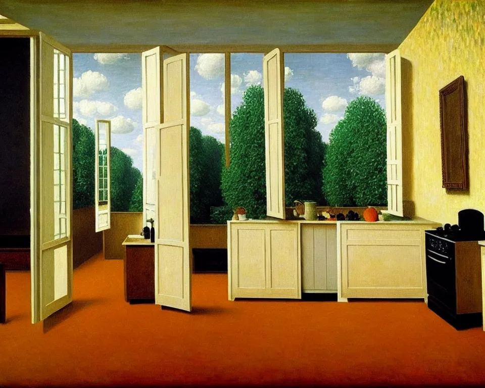 Image similar to achingly beautiful painting of a sophisticated, well - decorated kitchen by rene magritte, monet, and turner.