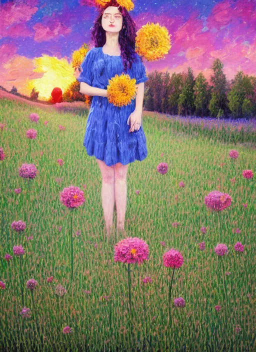 Prompt: girl with flower dress, standing in a field with flowers in the air, hills, big trees, sunrise dramatic light, impressionist painting, colorful clouds, digital painting, pointillism, artstation, simon stalenhag, flower head