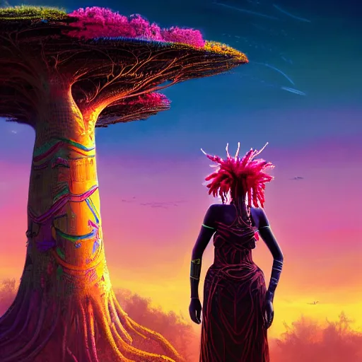 Image similar to an exotic african cyberpunk woman with colorful dreadlocks sitting on a cliff overlooking a field of colorful flowers with a giant glowing baobab tree in the middle, it is sunset, by greg rutkowski and android jones and Alena Aenami in a surreal cyberpunk! style, oil on canvas, 8k hd,