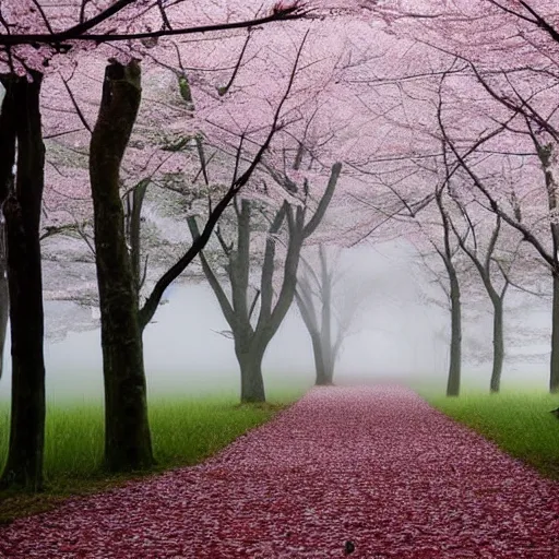 Prompt: A foggy forest with cherry blossom leaves on the ground, liminal, quiet