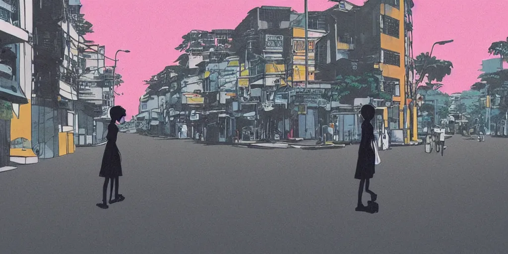 Image similar to colombo sri lankan city street, silhouette of a girl, art by Hayao Miyazaki