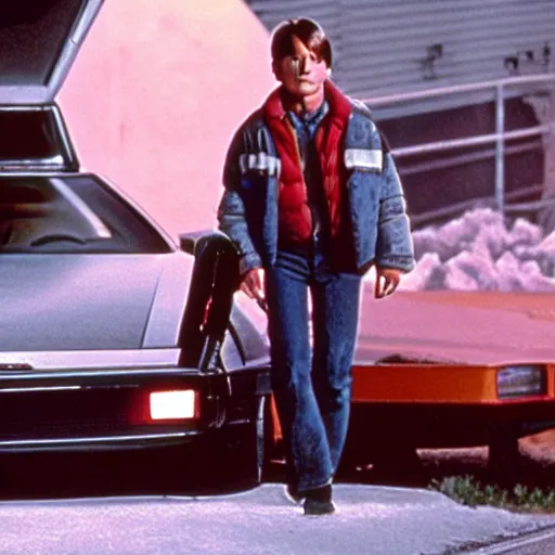 Image similar to film still of Christian Bale as Marty McFly in Back to the Future movie, 4k