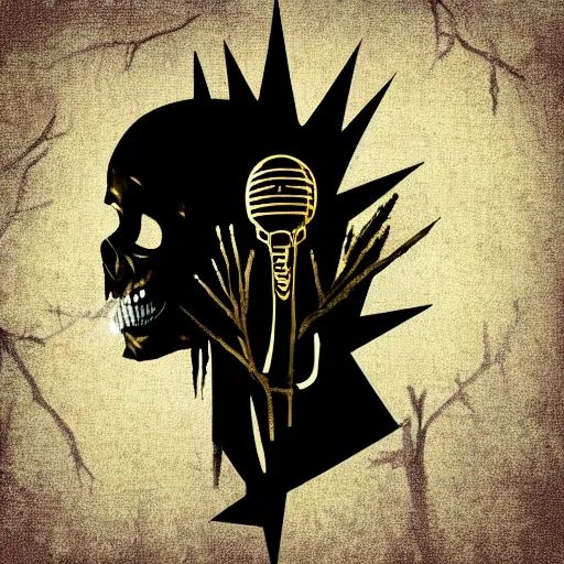 Image similar to dark death metal themed vector illustration for a record label, trees. forest, spikes, skull, microphone, skull, award winning, grunge, iconic, golden ratio