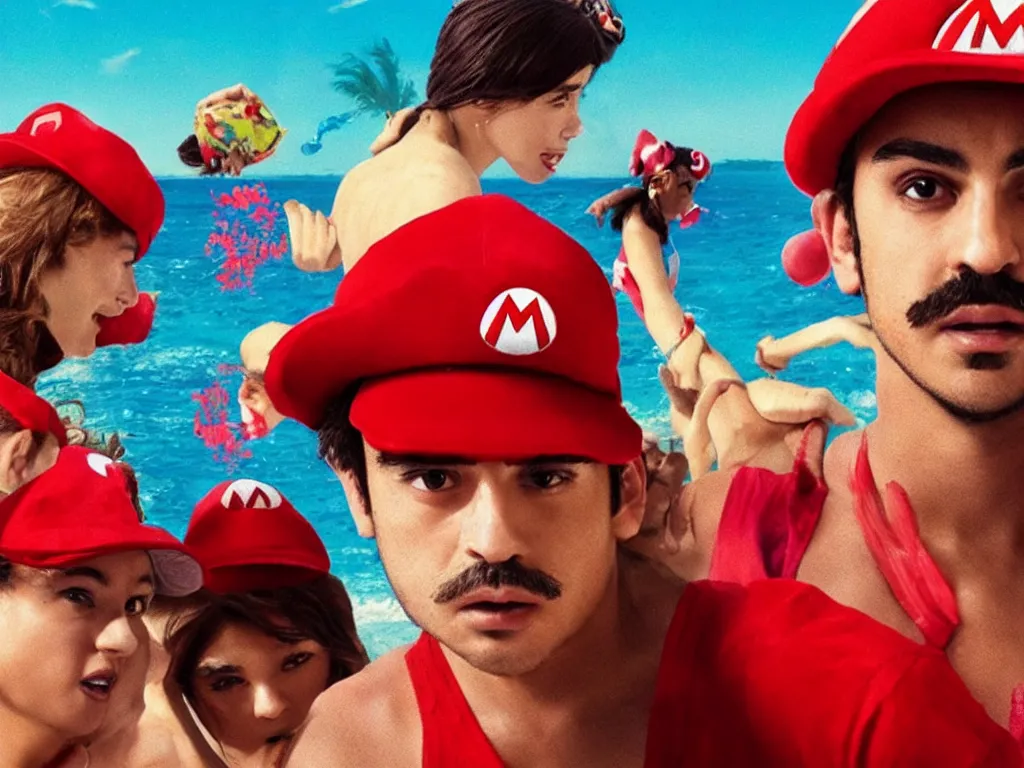 Image similar to Mario in a red hat in the style of Harmony Korine Spring Breakers film aesthetic!!!