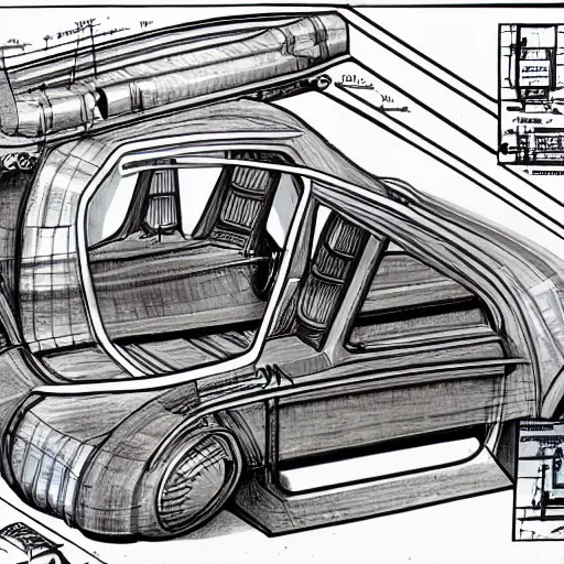 Prompt: technical drawings for the construction of the time machine car