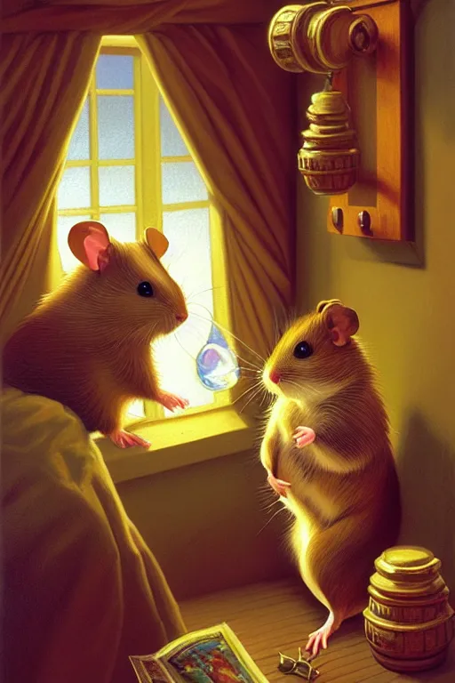 Prompt: classic oil painting, a hamster is growing in size while his cage breaks, as a dnd character, inside a child's bedroom, cottagecore, highly detailed, digital illustration, concept art, smooth, sharp focus, art by tim hildebrandt, and greg hildebrandt