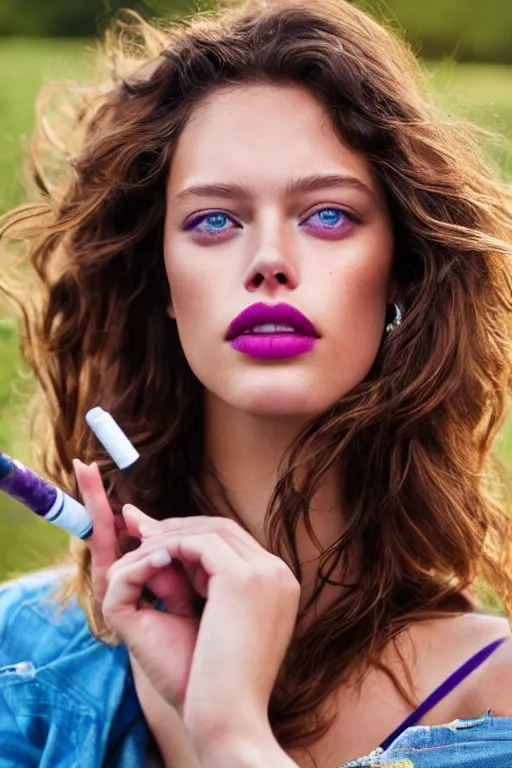 Image similar to Extreme Close-Up (ECU) colorful portrait photo of a beautiful Emily Didonato wearing maybelline, smoking a cigarette in the field, cinematic lighting, cinematic composition, cinematic atmosphere. Vogue photography Sigma 85mm f/5-6.3 lens, portrait winning photograph