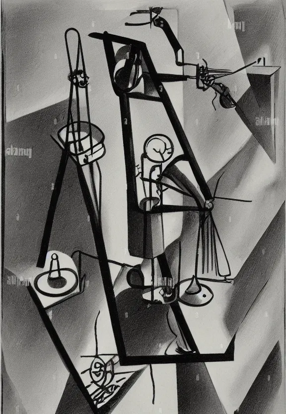 Image similar to a concept drawing of marcel duchamp holding up a chess - piece wire - machine, a surrealist painting by marcel duchamp, complex artificial - intelligence machinery, minimal sketch flow - chart, academic art, 1 9 2 0 s