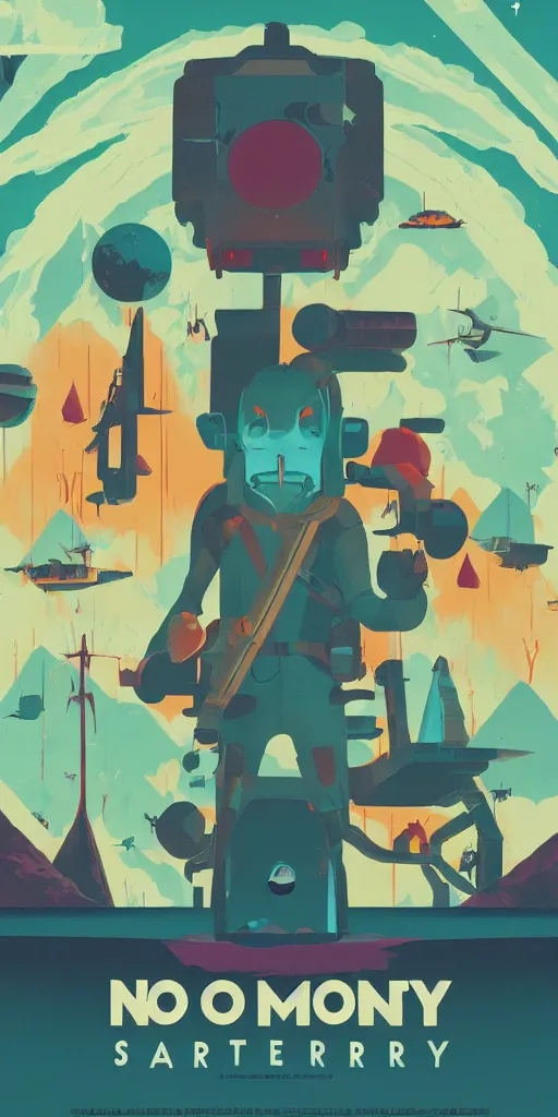 Image similar to no mans sky, dark 2D matte gouache illustration, poster, style of wes anderson